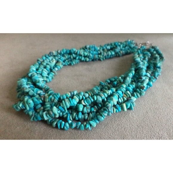 Vtg 7 Strand TURQUOISE Bib NECKLACE Layered STERLING Silver Clasp - Adj 17-20" - Picture 5 of 6